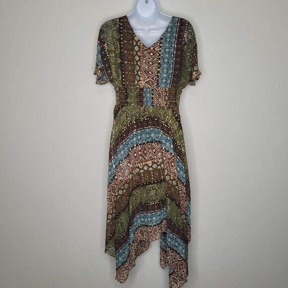 Green brown grunge fairy handkerchief hem woodys artsy quirky midi dress size 4 - Picture 2 of 6